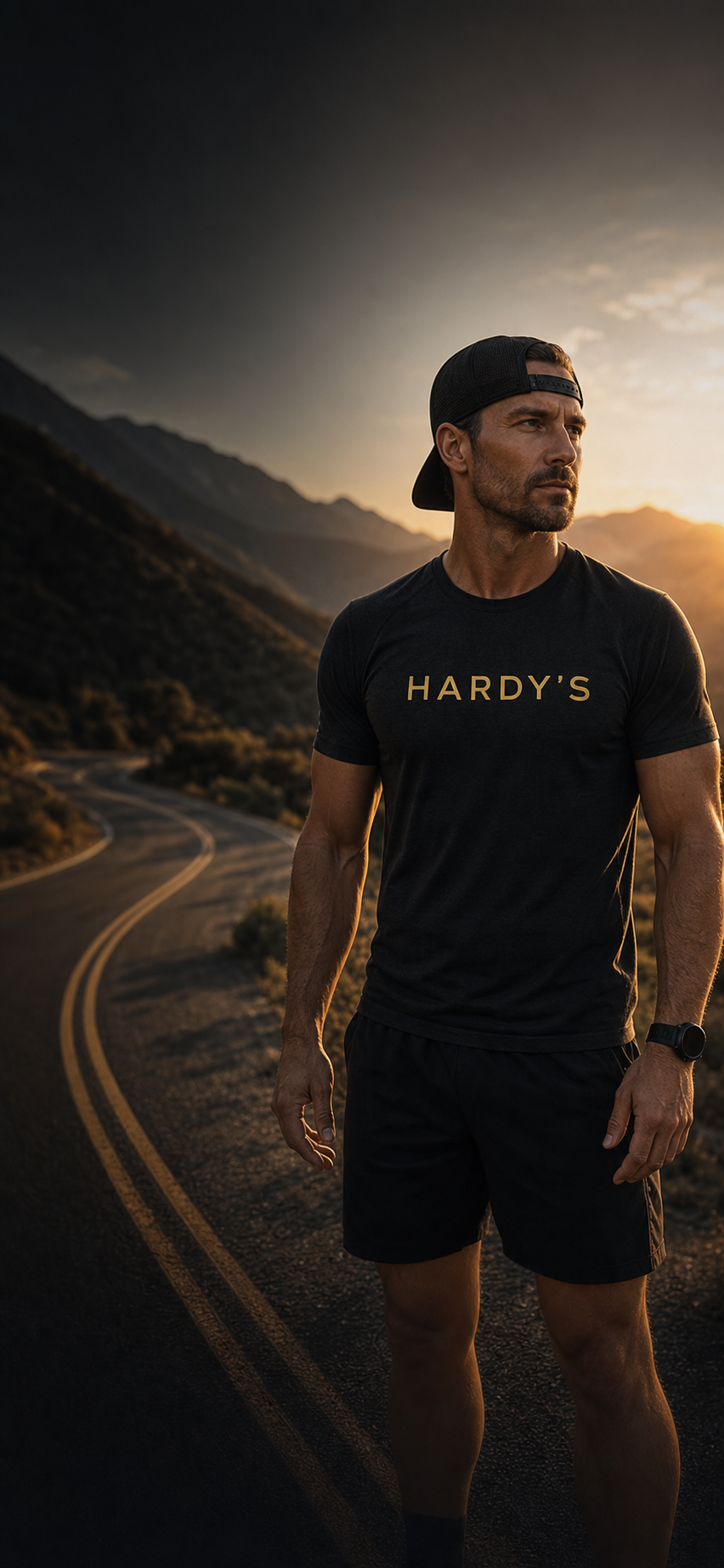 Hardy's founder portrait on a mountain road at sunrise